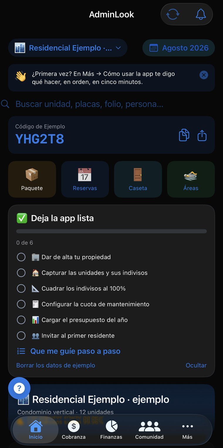 Inicio: el código de la comunidad y los cuatro accesos del día