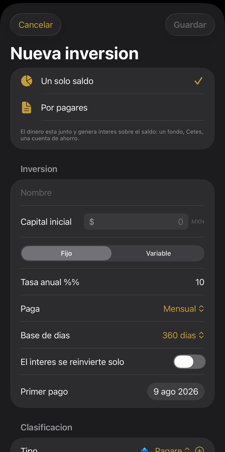 New investment: open balance or notes, fixed or variable rate, 360-day basis