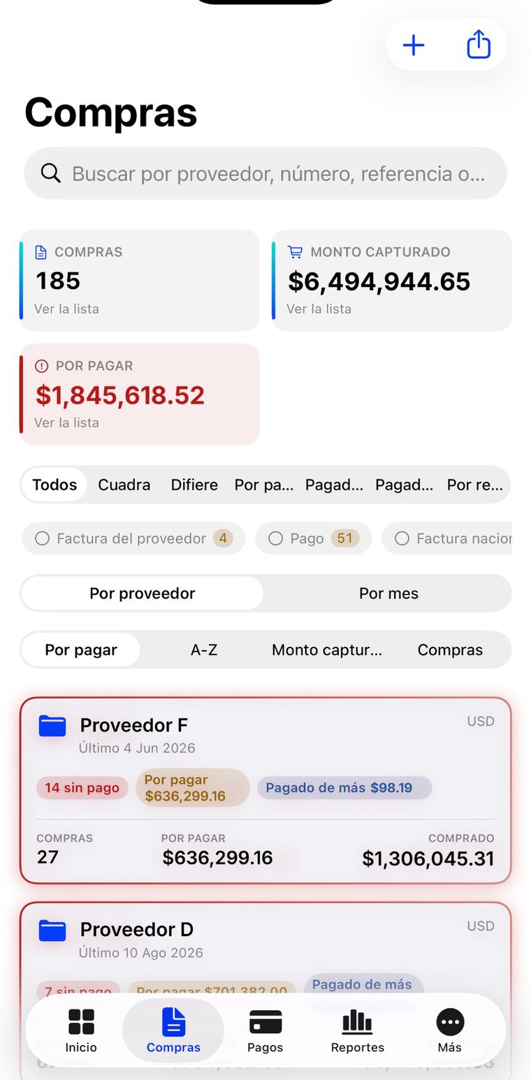 Compras por proveedor, con lo por pagar en rojo