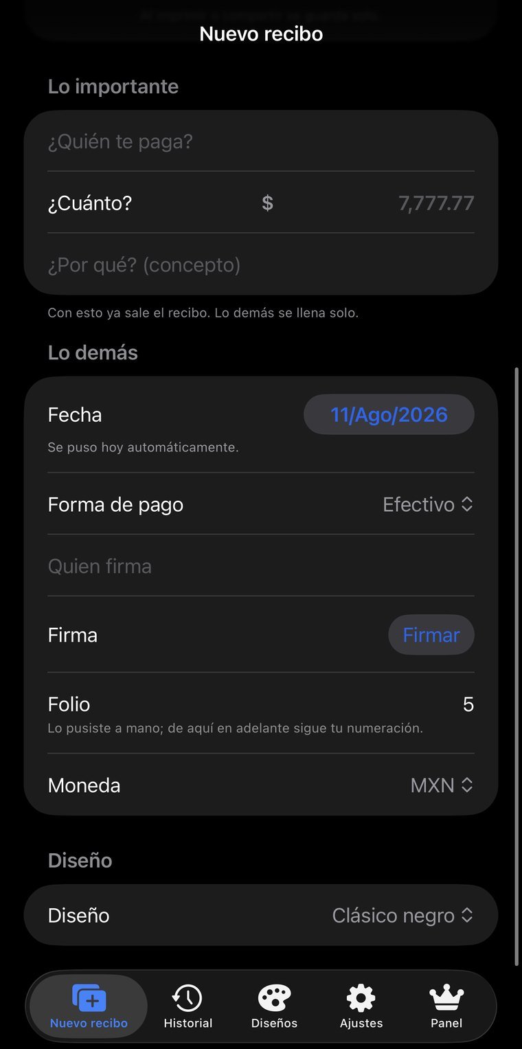 Fecha automática, folio consecutivo, forma de pago, firma y moneda