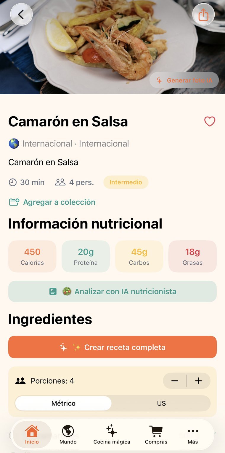 La receta con su información nutricional