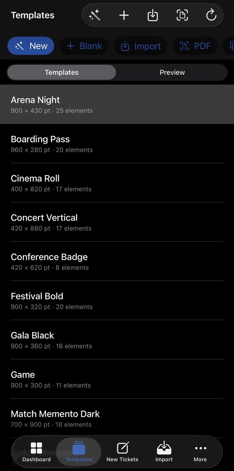 Sixteen stock templates, each with its size and its elements