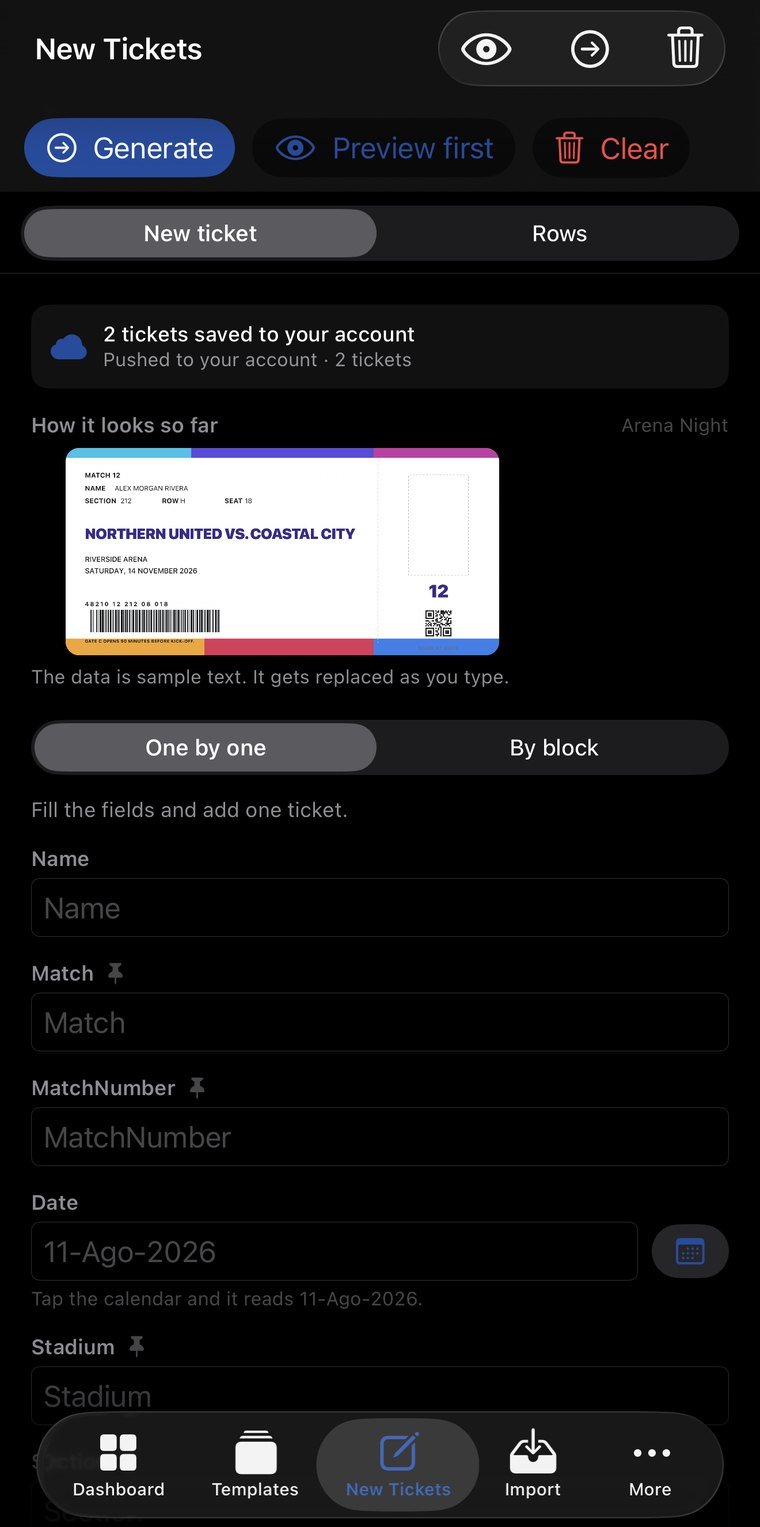 Fill in the data and the ticket builds itself, barcode included